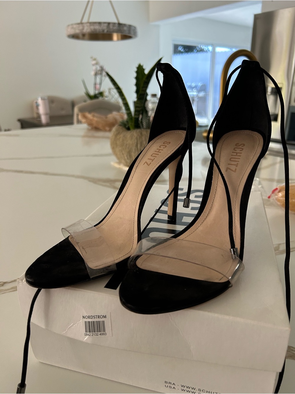 SCHUTZ Black Clear-Strap Lace-Up Stiletto Sandals
